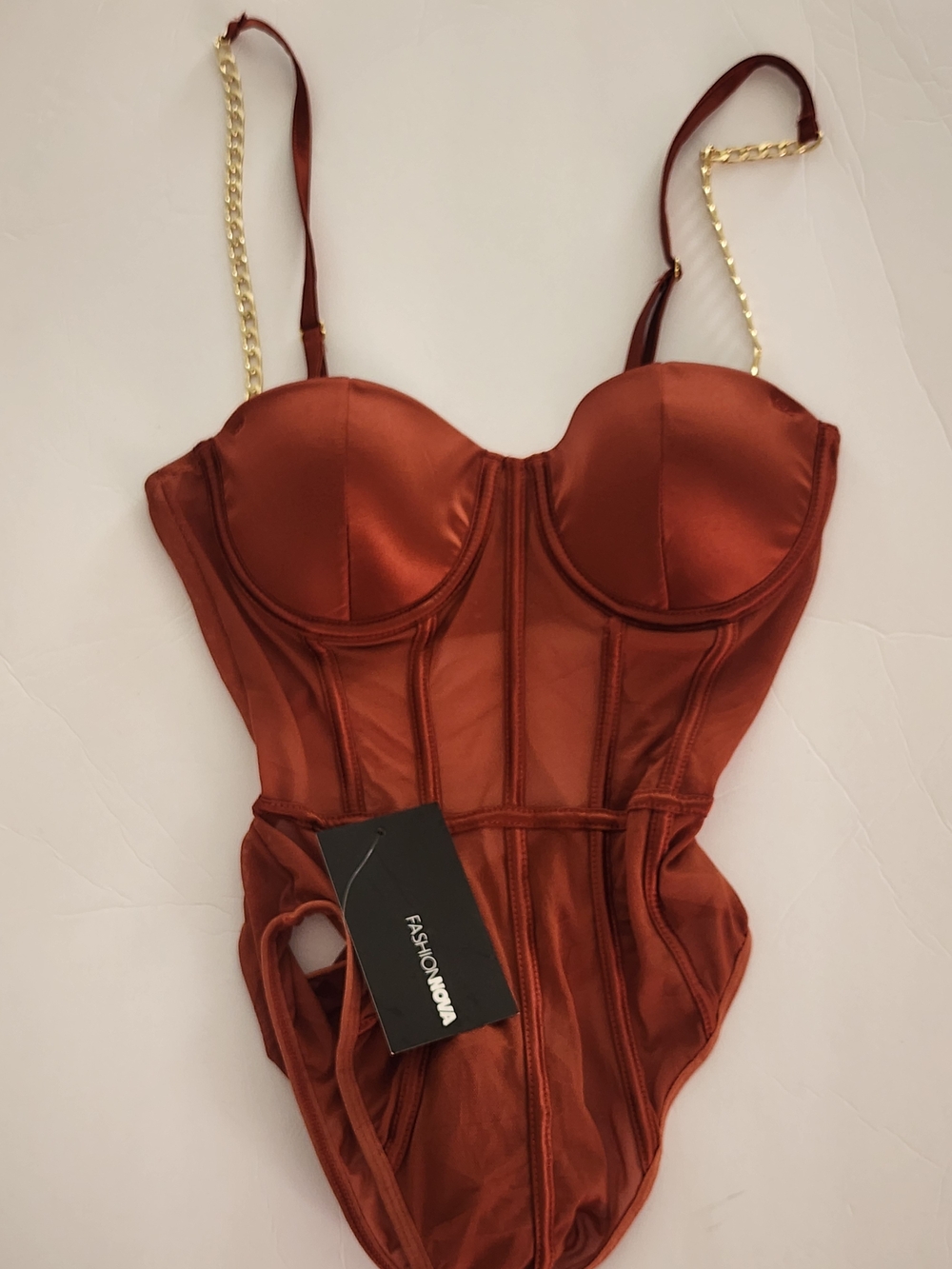 Fashion Nova Rust Satin Underwire Bodysuit with Gold Chain Straps